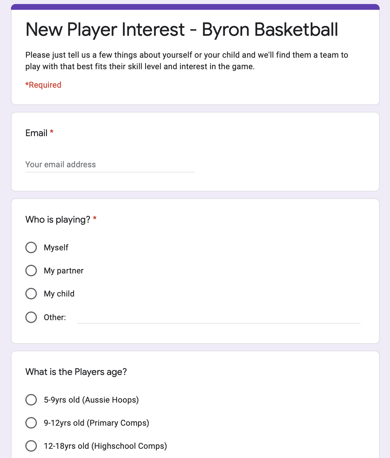 New Player Interest Form
